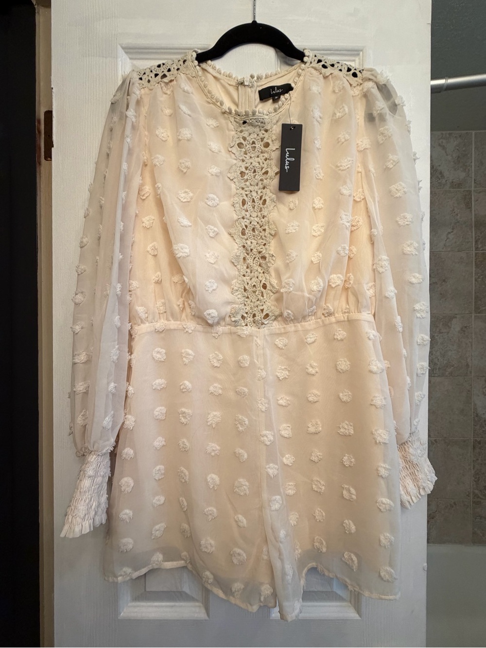 Lulus Cream Swiss Dot Lace Trim Long-Sleeve Jumper